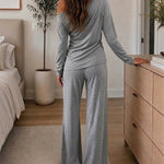 Women's 2 Piece Outfits Skew Neck Ruched Asymmetric Hem Top and Wide Leg Pants Set Casual Lounge Set