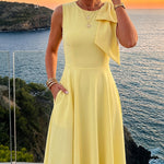 Women's Bowknot A Line Midi Dress Sleeveless Crewneck High Waist Party Dress Elegant Evening Gown