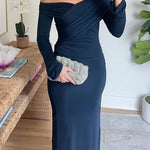 Elegant Off Shoulder Long Sleeves Ruched Maxi Dress