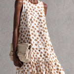 Fashionable Sophisticated Elegant Round Neck Sleeveless Polka Dot Printed Off-white Chiffon Vacation Maxi Dress