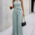 Women's Sleeveless Blazer Jumpsuit Notch Lapel Double Breasted Pleated Wide Leg Overalls Casual Shirred Jumpsuit with Belt