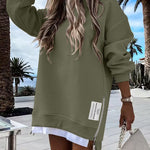 Letter Patch Detail Long Sleeve Drop Shoulder Pullover Sweatshirt Casual Zipper Side Slit Top