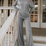 Women's 2 Piece Outfits Skew Neck Ruched Asymmetric Hem Top and Wide Leg Pants Set Casual Lounge Set
