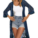 Nadorine Women Lace Crochet Coverups Open Front Cardigan Sheer Cover Up 3/4 Sleeve Kimono (US Only)