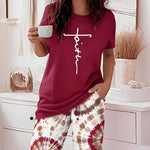 2 Pieces Outfit Faith Letter Print Short Sleeve Top and Tie Dye Print Elastic Waist Pants Set Casual Pajamas Set