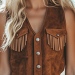【24-hour shipping out】Vintage Western Tassel Brown Suede Vest Shorts Jumpsuit