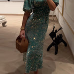 Puff Short Sleeves Waisted Sequin Midi Party Dress