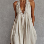 Retro Urban Bohemian V-neck Lace Trim Sleeveless Off-white Cotton Maxi Dress