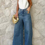 High Waist One Button Pocketed Wide Leg Pants