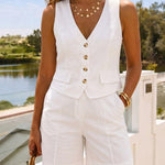 2 Pieces Outfit V Neck Button Front Flap Detail Vest Top and Casual Pockets Design Zipper Fly Elastic Back Waist Shorts Set