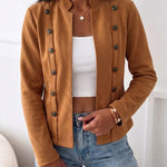 Double Breasted Decor Stand Collar Open Front Faux Suede Jacket Casual Coat