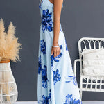 Halter V Neck Back Lace-up Waisted Floral Print Maxi Dress