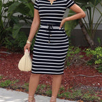 Women's Striped Midi Dress Short Sleeve Zipper Crewneck Dress High Waisted Drawstring Casual Dress with Pockets