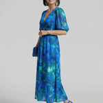 Candlia | Puff Sleeve V Neck Abstract Print Midi Dress