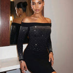 Women's Off-Shoulder Rhinestone Bodycon Mini Dress Long Sleeve Sparkling Party Gown High Waist Sexy Clubwear