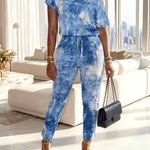 Women's Denim Look Print Skew Neck Jumpsuit Short Sleeve Drawstring Waist Slim Fit Overalls