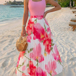 2 Pieces Outfit Square Neck Sleeveless Slim Fit Top and Watercolor Floral Print High Waist Elastic Waist Pleated Maxi Skirt Set