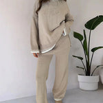 Nadorine Casual Two-Pieces Outfits Contrast Trim Knitted Jumper and Trousers Sets