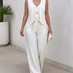 Women's Two Piece Outfits Faux Two Piece Sleeveless Crop Top and High Waisted Wide Leg Pants Elegant Matching Suit
