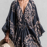 Elegant And Flowing Retro Print V-neck Dark Blue Chiffon Slit Maxi Dress