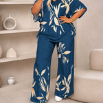 Women's Tropical Plants Print 2 Piece Outfits V Neck Drawstring Ruched Top and Wide Leg Pants Set Casual Loose Loungewear