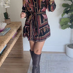 Long Sleeves Button Up Tie Waist Fioral Print Ruffle Mini Shirt Dress