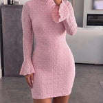 Women's Heart Jacquard Mini Dress Flared Cuffs Mock Neck Bodycon Dress Frill Hem Party Clubwear with Lining