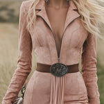 Western Retro Pink Long-sleeved Tassel Midi Dress