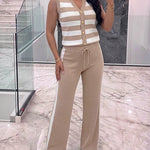 Women's 2 Piece Knit Outfits Striped V Neck Sleeveless Top and Side Stripe Straight Leg Pants Set Casual Loungewear