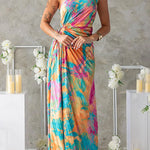 One Shoulder Cut Out Waist Pleated Maxi Print Dress
