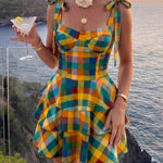 Women's Colorblock Plaid Mini Dress Elegant Tie Strap Ruffle Tiered Vacation Dress Shirred Backless A Line Sundress