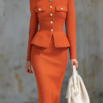 Elegant Stand-collar Knitted Cardigan And Skirt Set