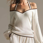Elegant Color-blocked White Halter-neck Long-sleeved Knit Top And Pants Set