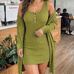 2 Pieces Outfit U-Neck Half Button Front Slim Fit Mini Tank Dress and Long Sleeve Pockets Design Mid-length Cardigan Casual Rhinestone Decor Textured Set