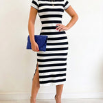 Women's Casual Striped Midi Dress Short Sleeve Crewneck Tie Waist T Shirt Dress Side Slit Commuting Dress