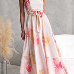 Strapless Tube Tie Waist Floral Print Maxi Dress