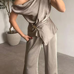 Asymmetrical Shoulder Ruched Top Straight Leg Pants Satin Set
