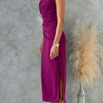 Ruched Cap Sleeve Side Slit Bodycon Midi Dress