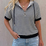 Women's Striped Half Zip Drawstring Hoodie Short Sleeve Sweatshirt Loose Contrast Trim Casual Pullover Top