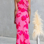 Chic Ruffle One Shoulder Sleeveless Floral Mesh Maxi Dress
