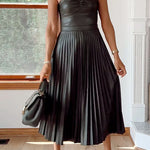 Strapless Pleated Faux Leather Midi Dress(2 Colors Available!)