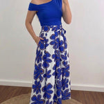 Women's 2 Piece Skirt Set Skew Neck Ruched Slim Fit Top and High Waisted Floral Print A Line Skirt with Pockets