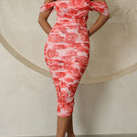 Off Shoulder Mesh Overlay Printed Midi Bodycon Dress