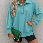 Half Snap Button Front Drop Shoulder Batwing Sleeve Sweatshirt Loose Fit Side Slit High-Low Hem Casual Top