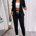 2 Pieces Outfit Shawl Collar Single Breasted Pockets Design Blazer Coat and Drawstring Elastic Waist Slim Fit Pants Set