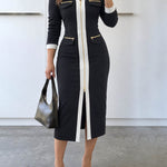 Women's Contrast Paneled Midi Dress Two-Way Zipper Front Long Sleeve Slit Work Dress