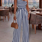 Women's Striped One Shoulder Jumpsuit Casual High Waisted Wide Leg Overalls
