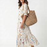 Sylviene | Botanical Print Midi Dress with Pom-Poms