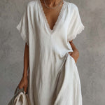 Casual Bohemian Urban V-neck Short-sleeved Lace Trim White Cotton Maxi Dress