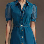 Exquisite Fashionable Front Button V-neck Short-sleeved Outer Cover Organza Blue Denim Maxi Dress